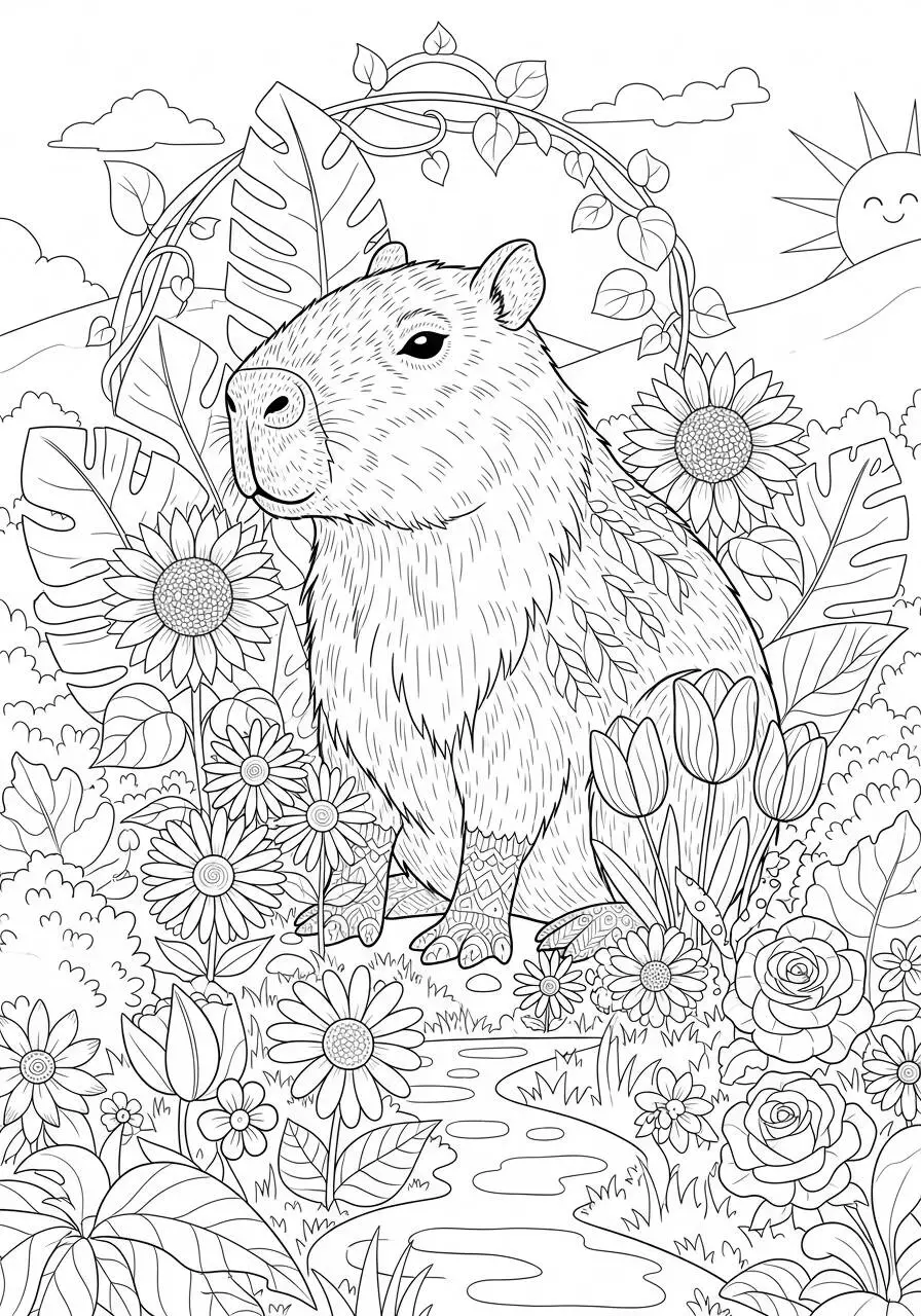 Desenho de Capivara em um Jardim Florido para Colorir