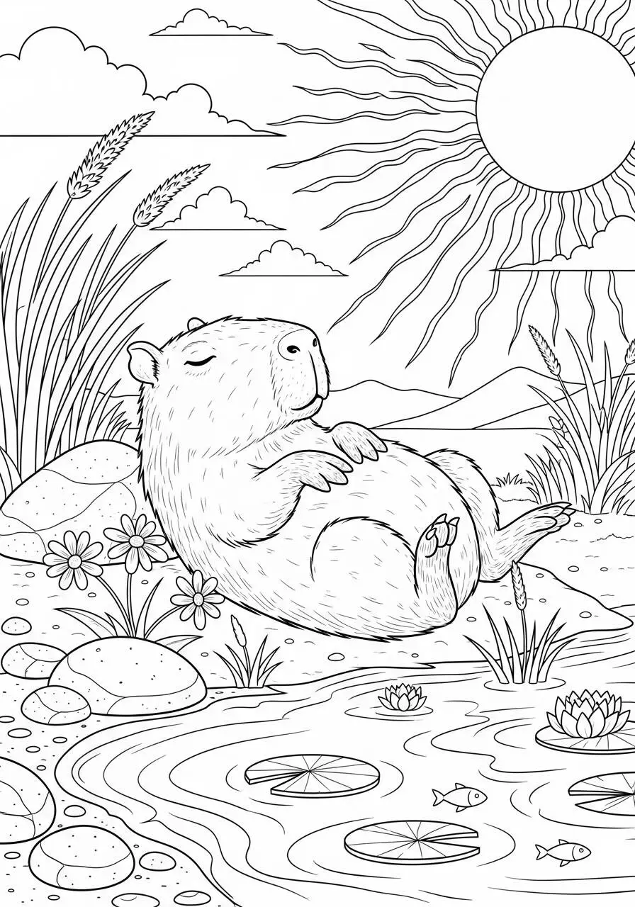 Desenho de Capivara a Dormir à Beira do Lago para Colorir