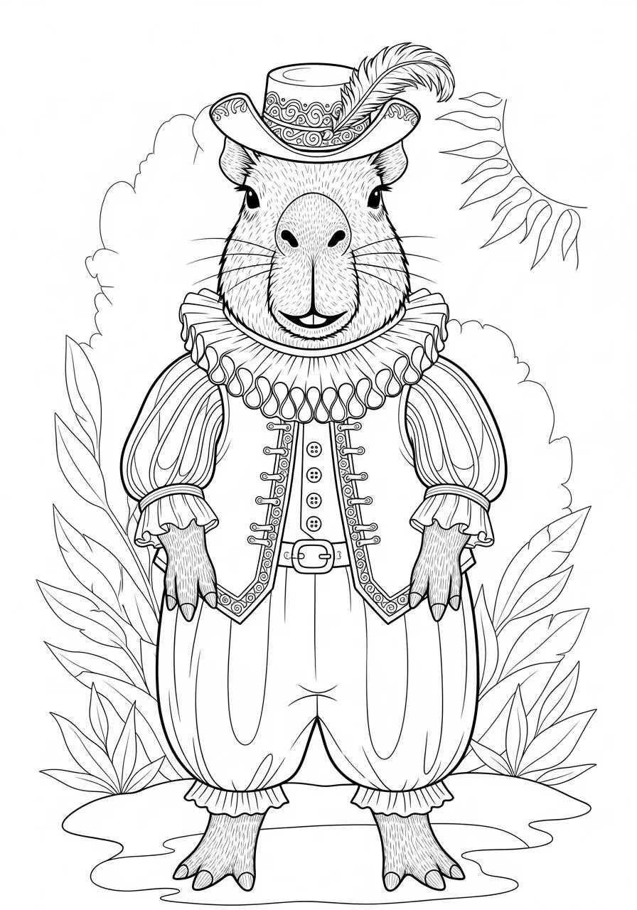 Desenho de Capivara Elegante com Chapéu para Colorir