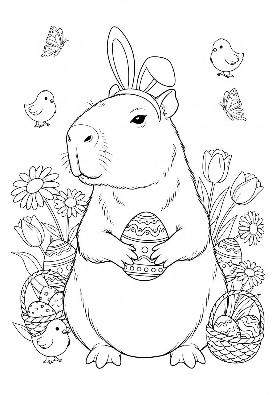 Desenho de Capivara com Orelhas de Coelho e Ovo de Páscoa para Colorir
