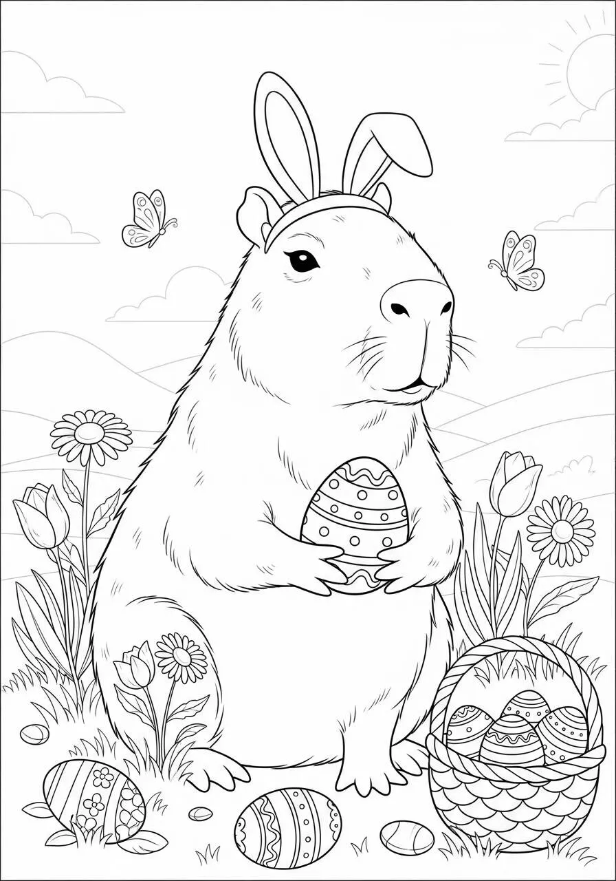 Desenho de Capivara com Orelhas de Coelho e Ovo de Páscoa para Colorir