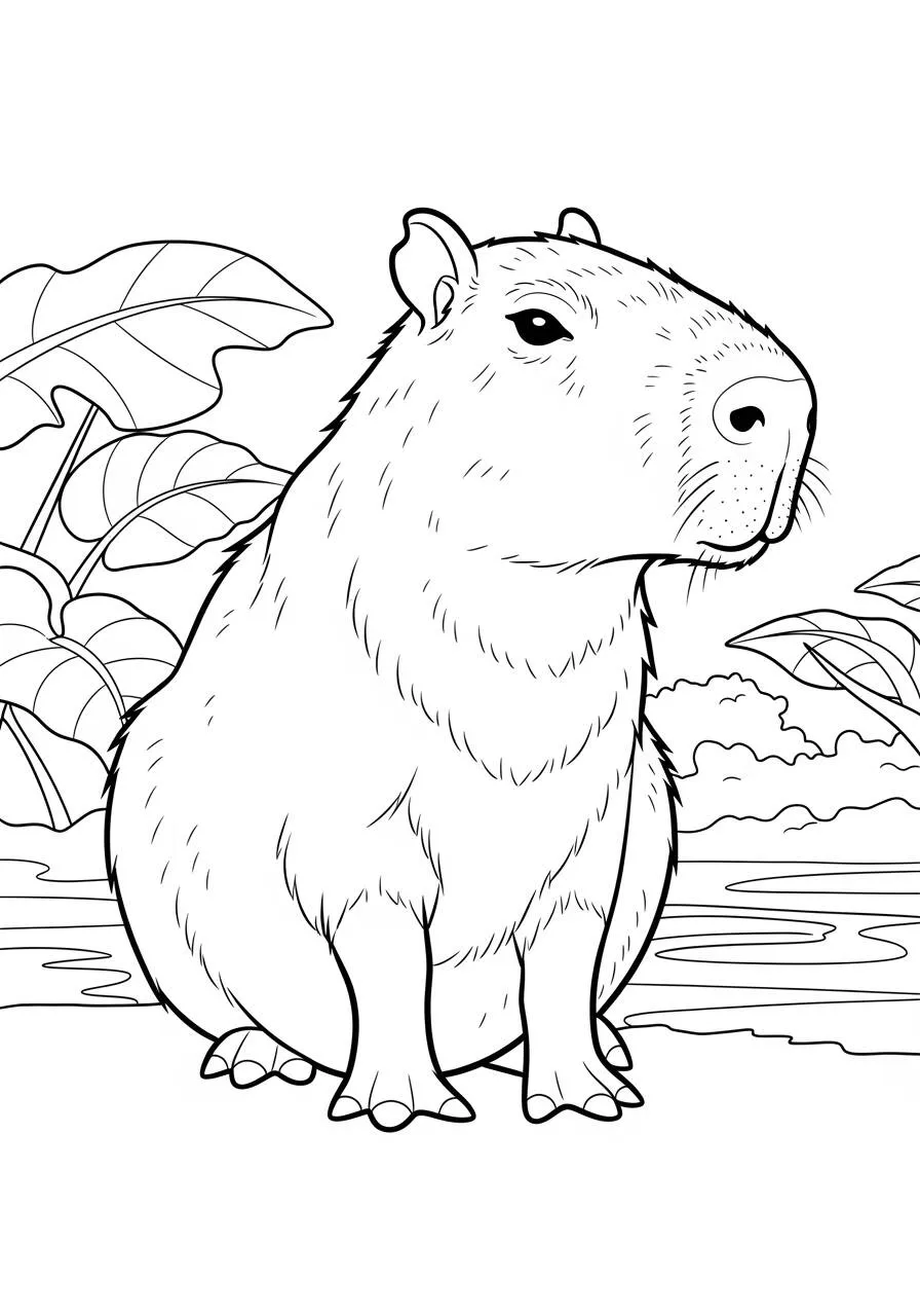 Desenho de Capivara Sentada à Beira do Lago para Colorir