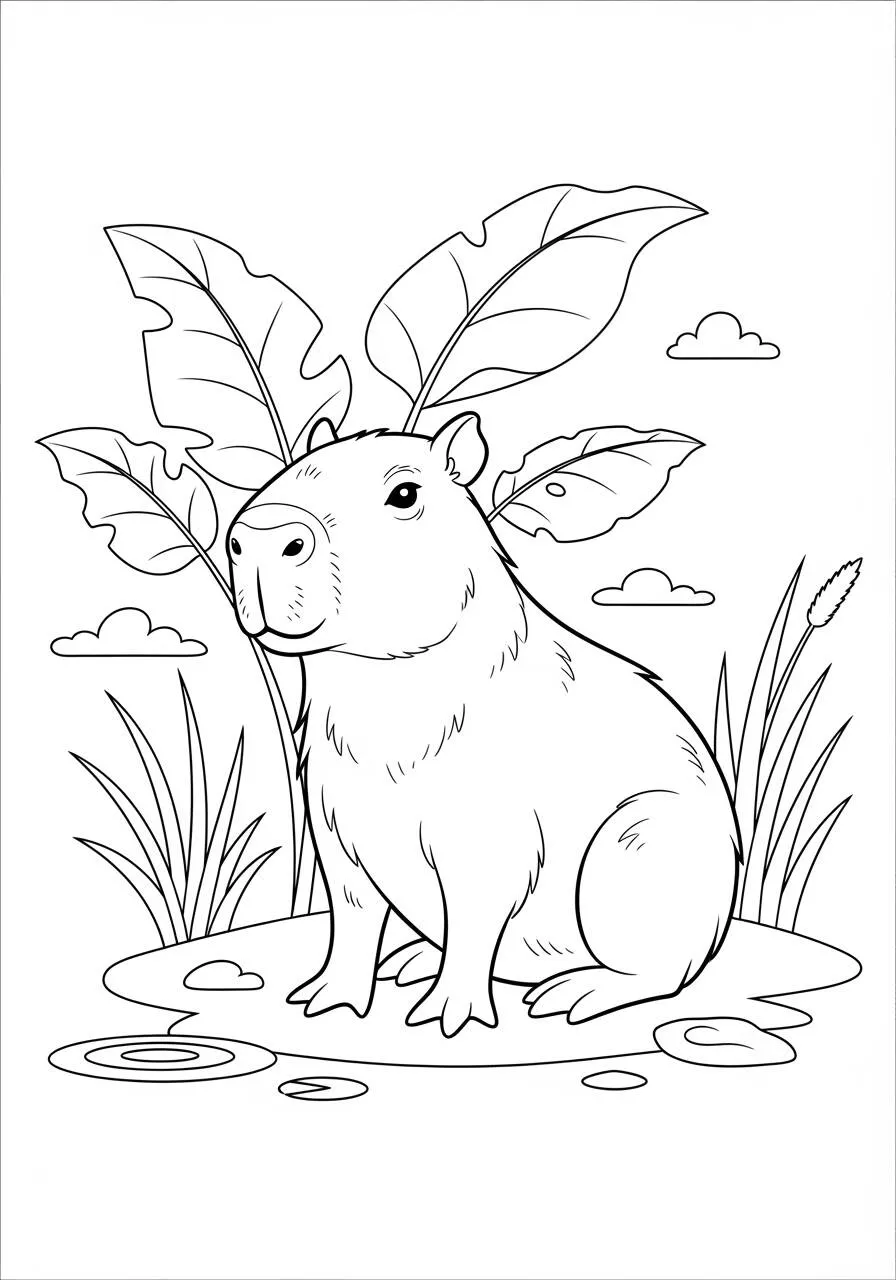 Desenho de Capivara Sentada ao Lado da Água para Colorir