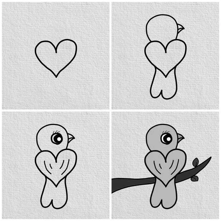 Ideia de Desenho para Desenhar: Como Desenhar um Pássaro com Coração Fácil