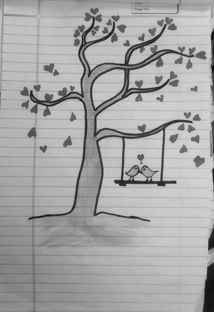 Coisas para Desenhar: Desenho de uma Árvore com Corações e Pássaros