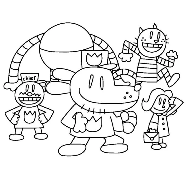Desenho de Dog Man com Seus Amigos para Colorir