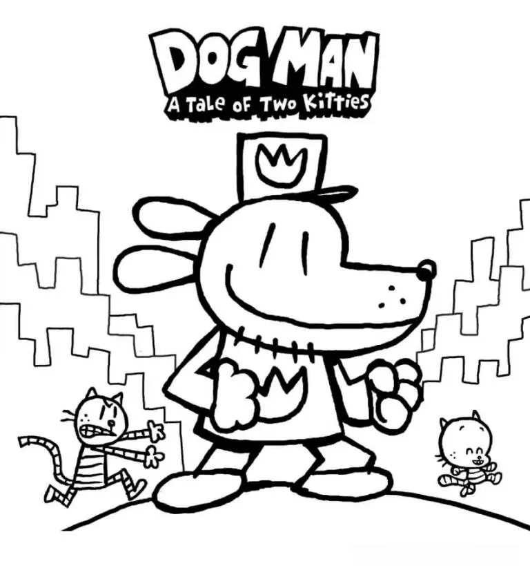 Desenho de Dog Man e Dois Gatinhos para Colorir