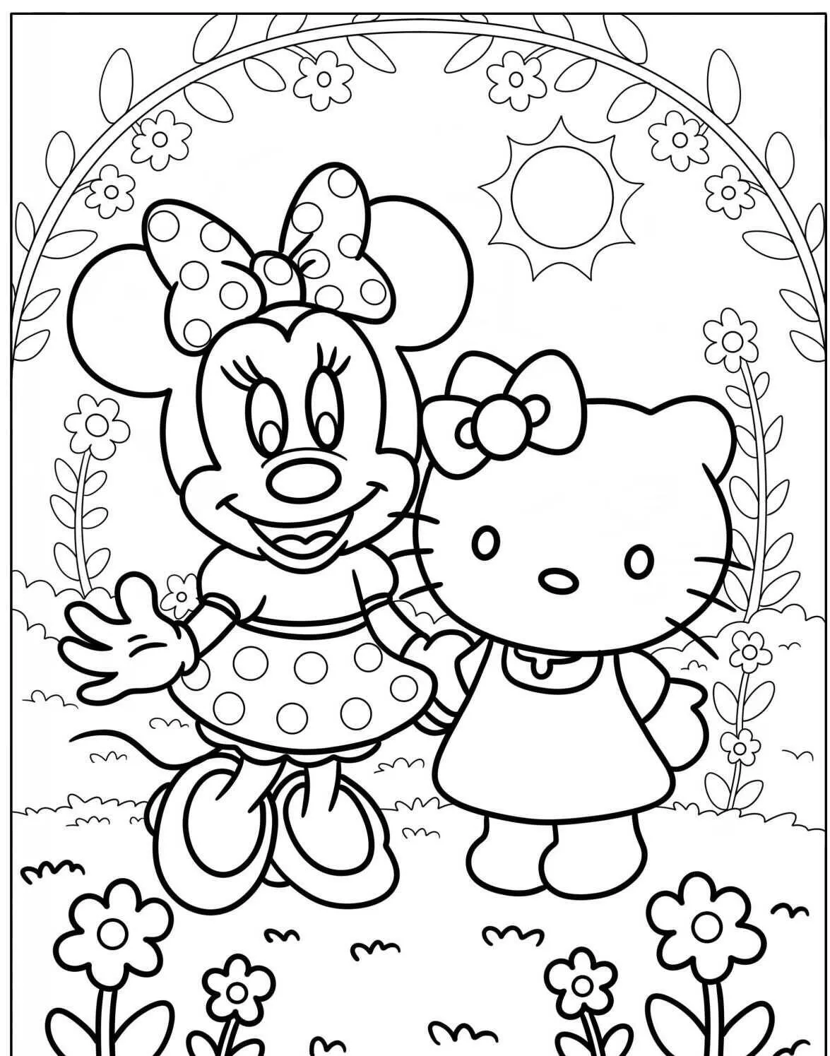 Desenho de Minnie Mouse com Hello Kitty para Colorir