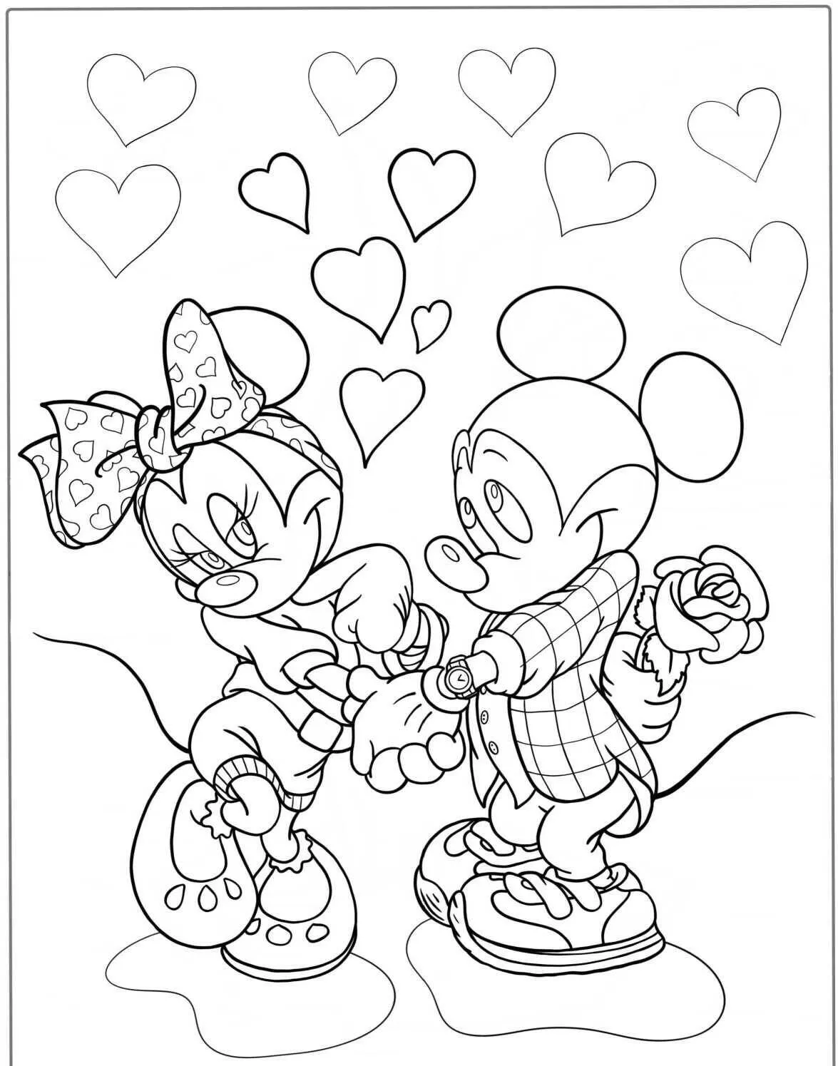 Desenho de Minnie e Mickey Patinando com Corações para Colorir