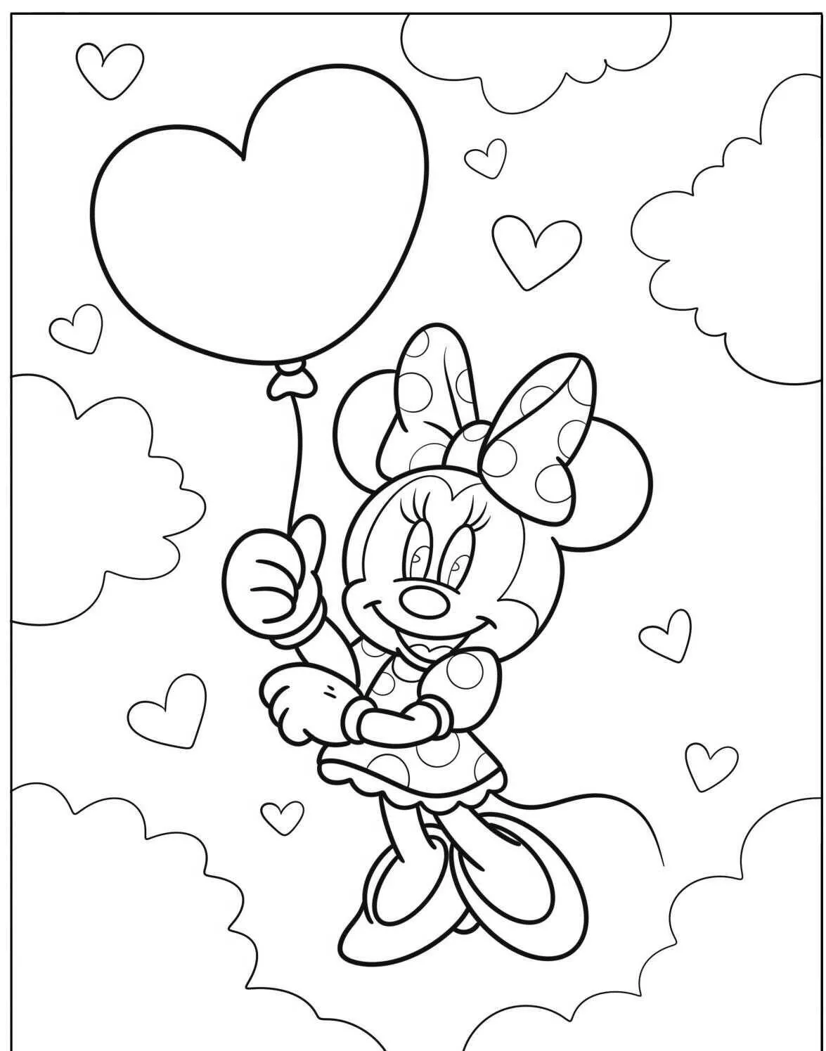 Desenho de Minnie Mouse com Balão de Coração para Colorir