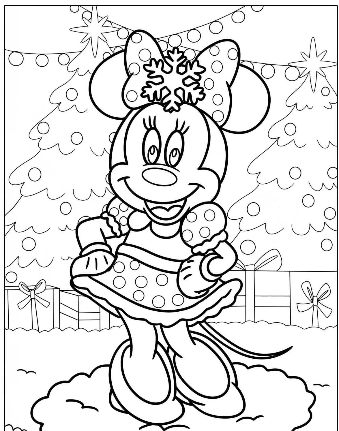 Desenho de Minnie Mouse com Tema de Natal para Colorir