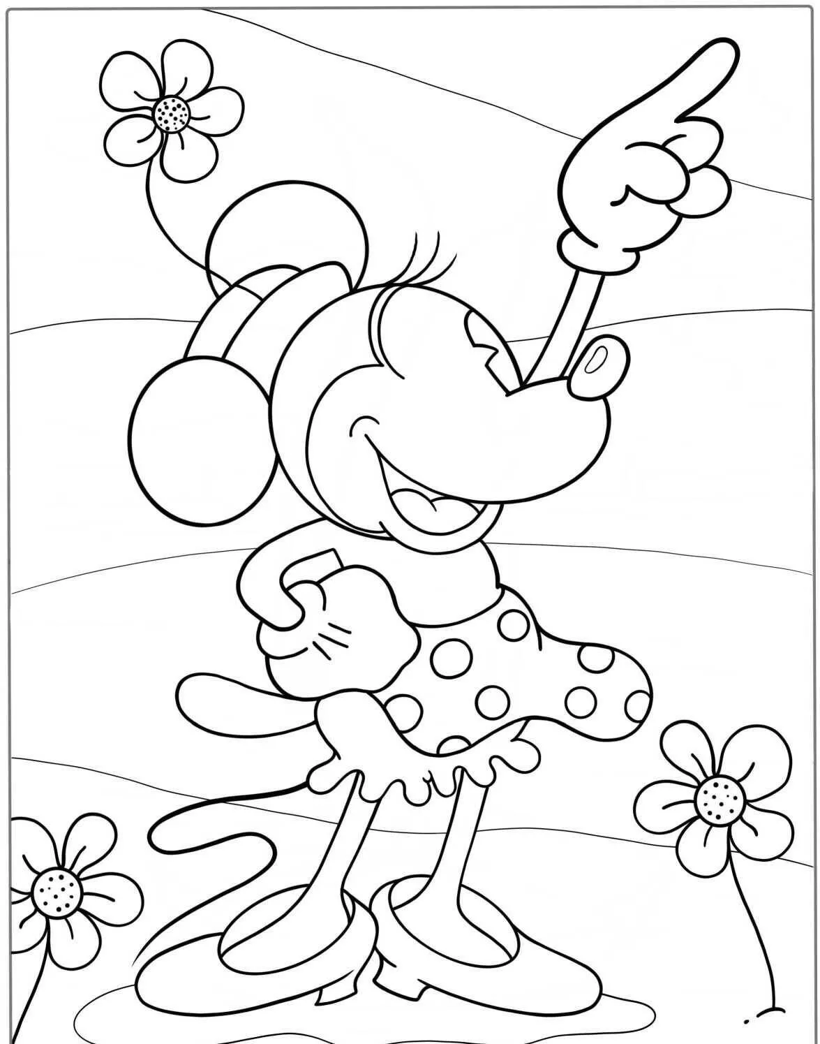 Desenho de Minnie Mouse Apontando com Flores para Colorir