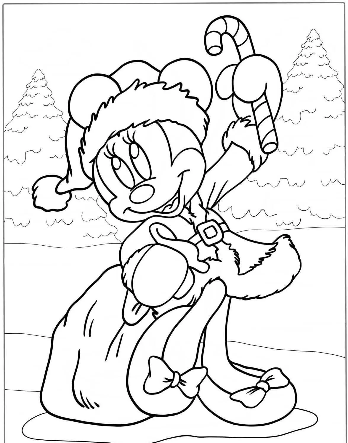 Desenho de Minnie de Natal com Sacola e Bastão de Doces para Colorir