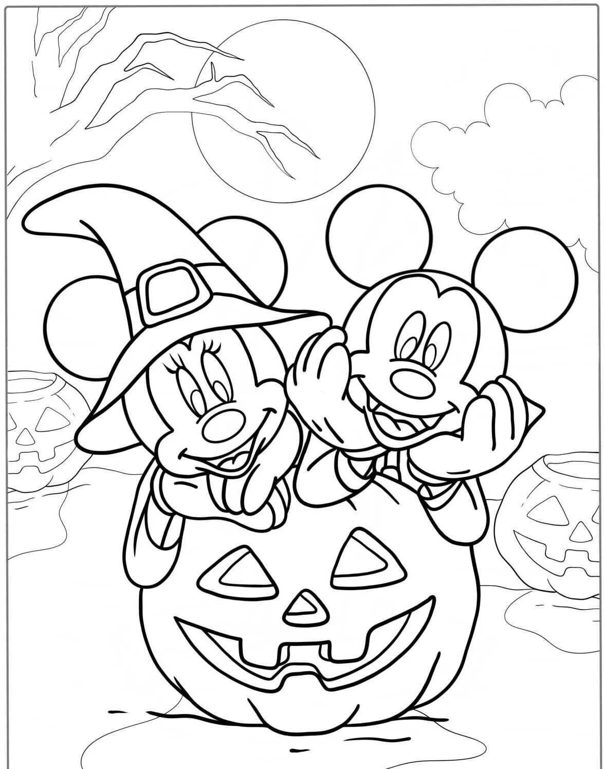 Desenho de Minnie e Mickey em Abóbora de Halloween para Colorir