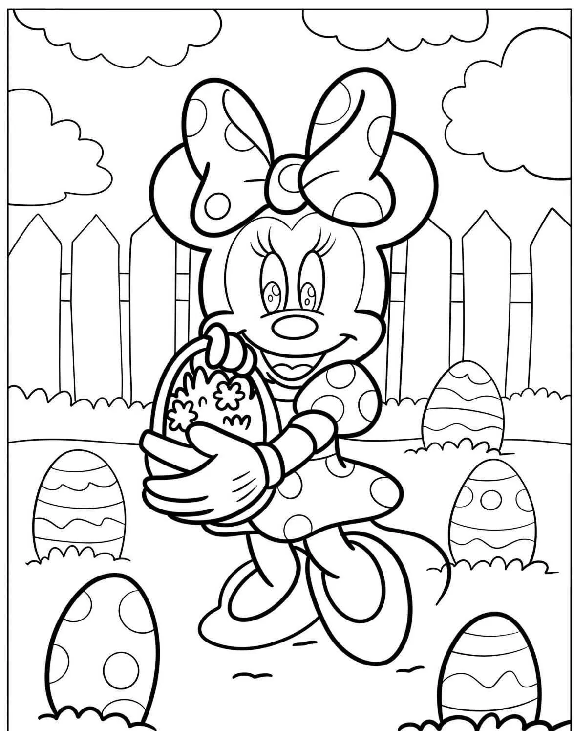 Dibujo de minnie ratón con cesta de huevos de Pascua para colorear