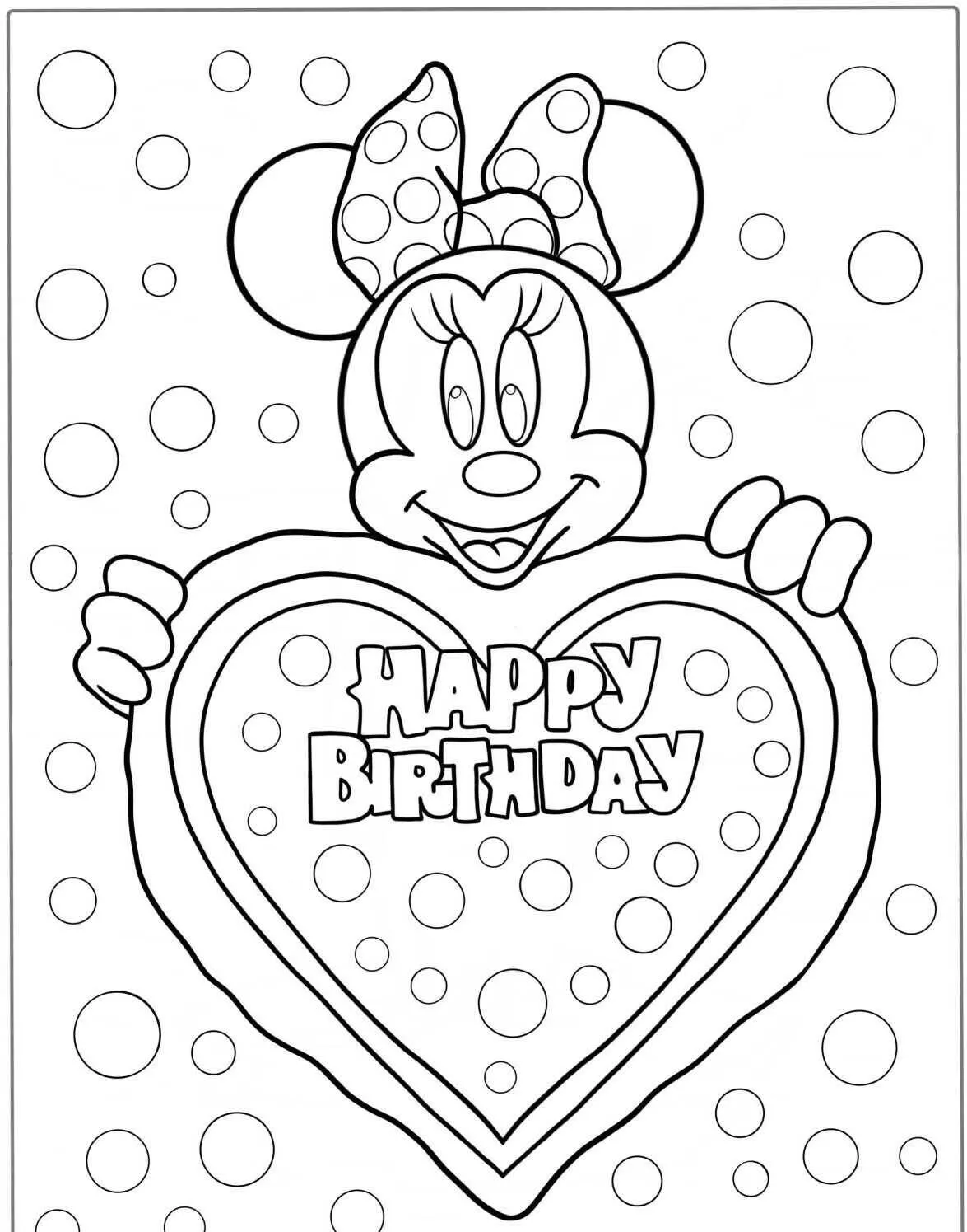 Dibujo para colorear de minnie ratón con corazón de cumpleaños