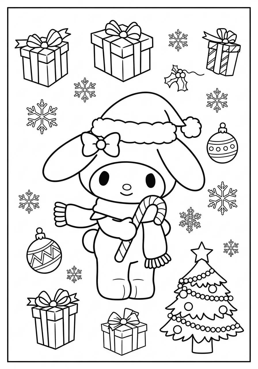 Desenho de My Melody com Chapéu de Natal para Colorir