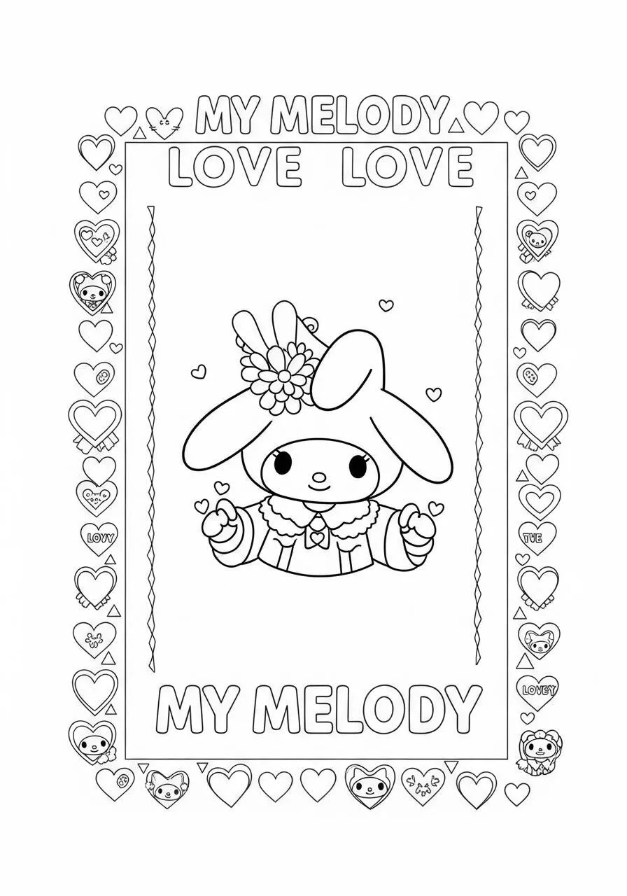 Desenho de My Melody com Coração e Flores para Colorir