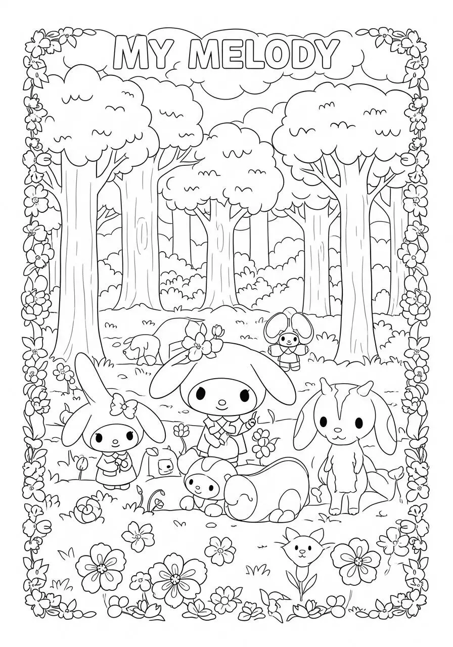 Desenho de My Melody no Bosque com Animais para Colorir