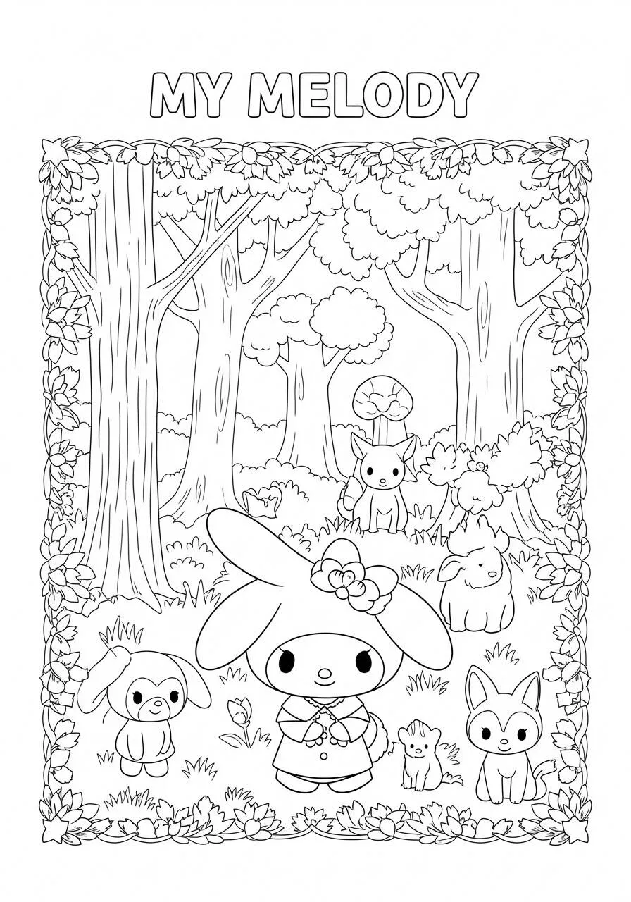 Desenho de My Melody na Floresta com Animais para Colorir
