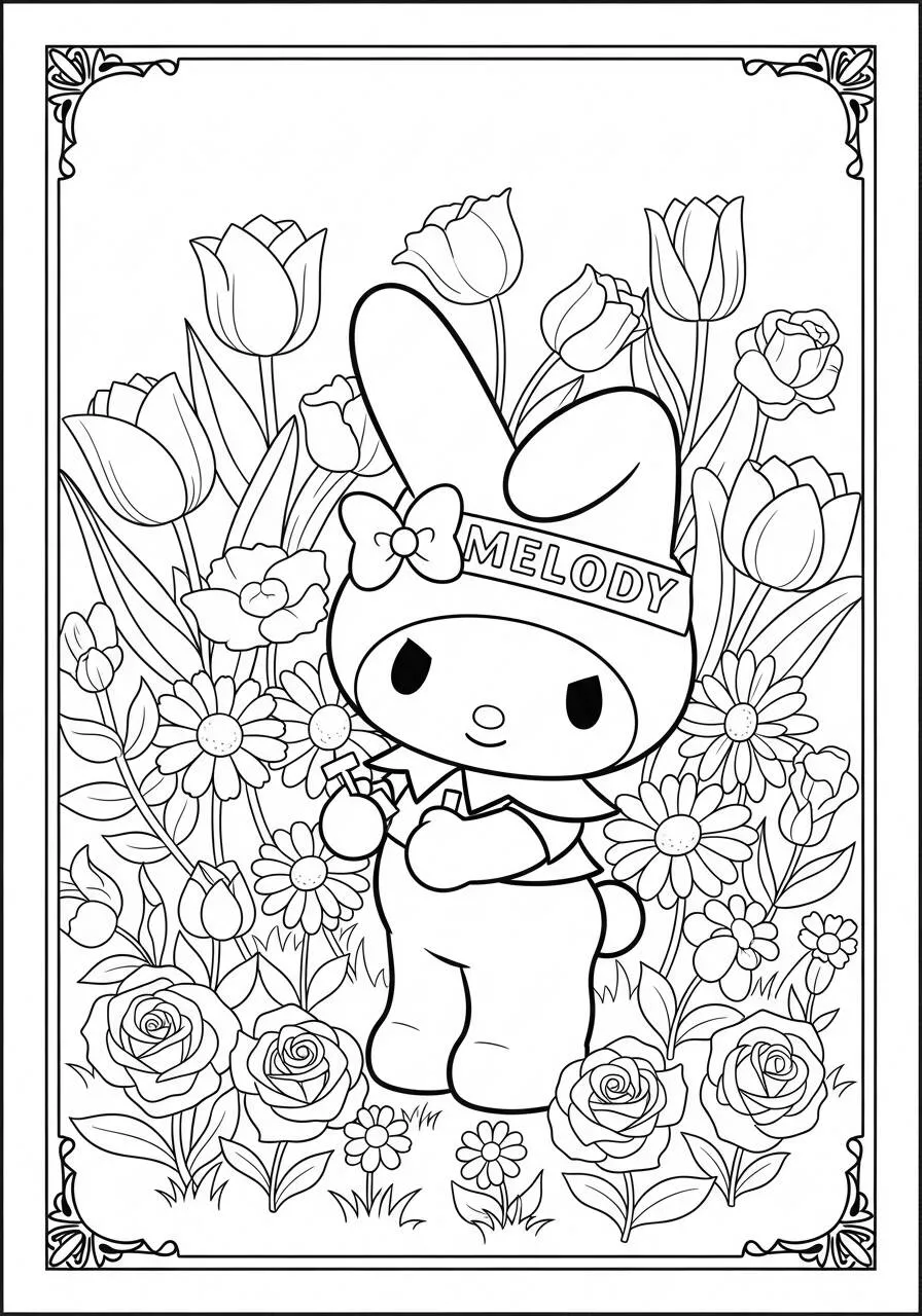 Desenho de My Melody entre Flores para Colorir