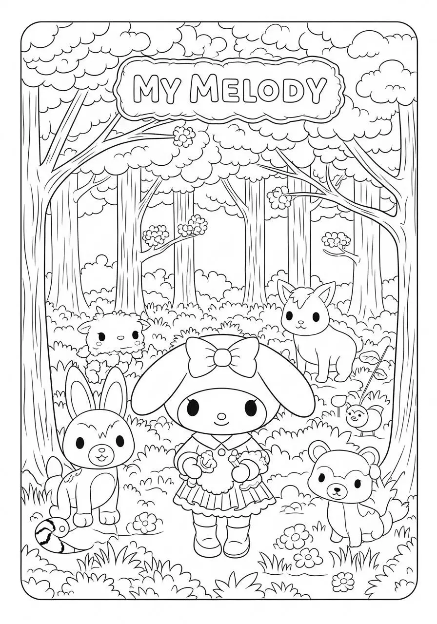 Desenho de My Melody na Floresta com Animais para Colorir