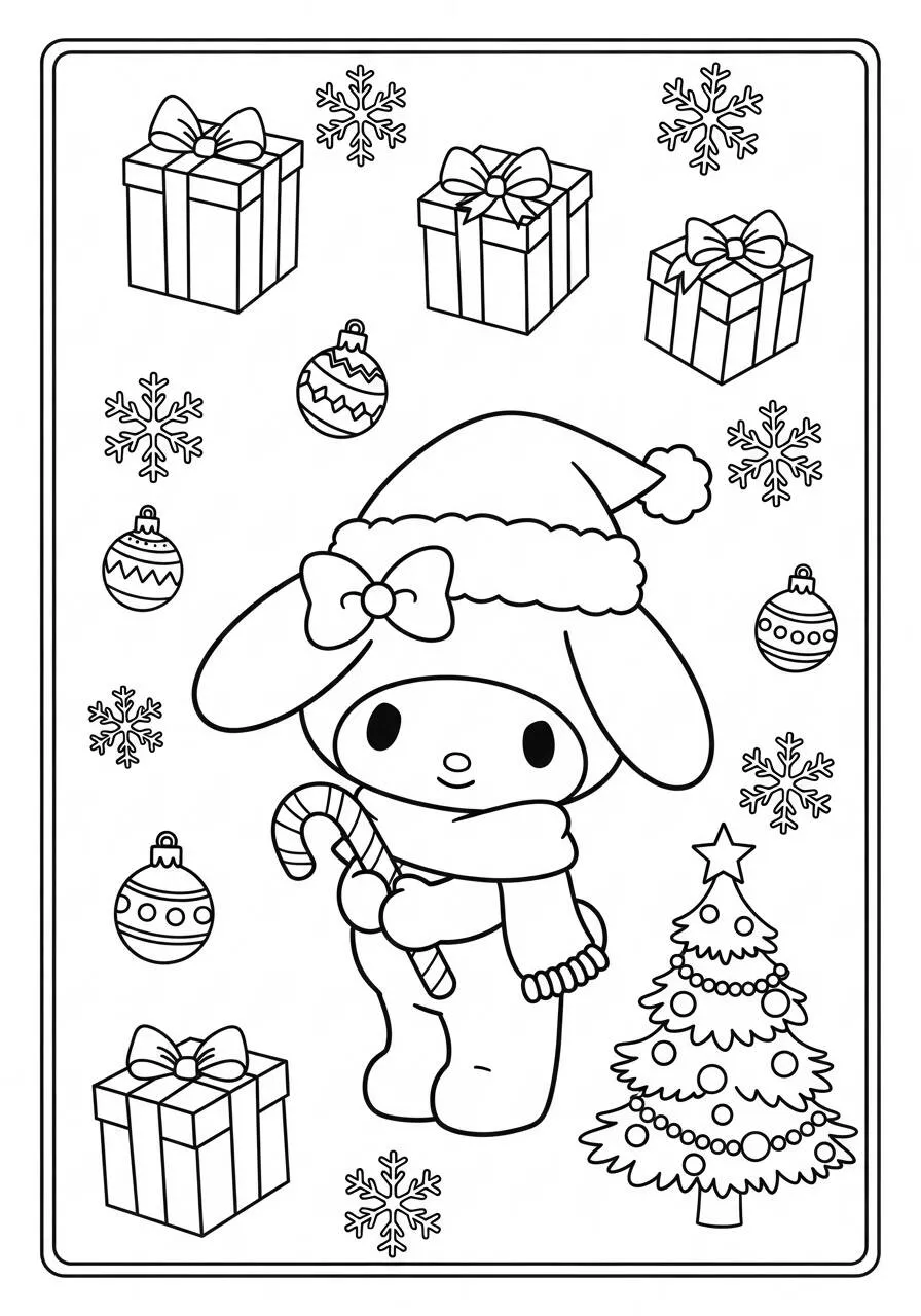 Desenho de My Melody com Presente e Árvore de Natal para Colorir