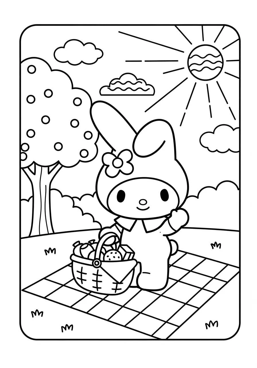 Desenho de My Melody com Cesta de Frutas para Colorir