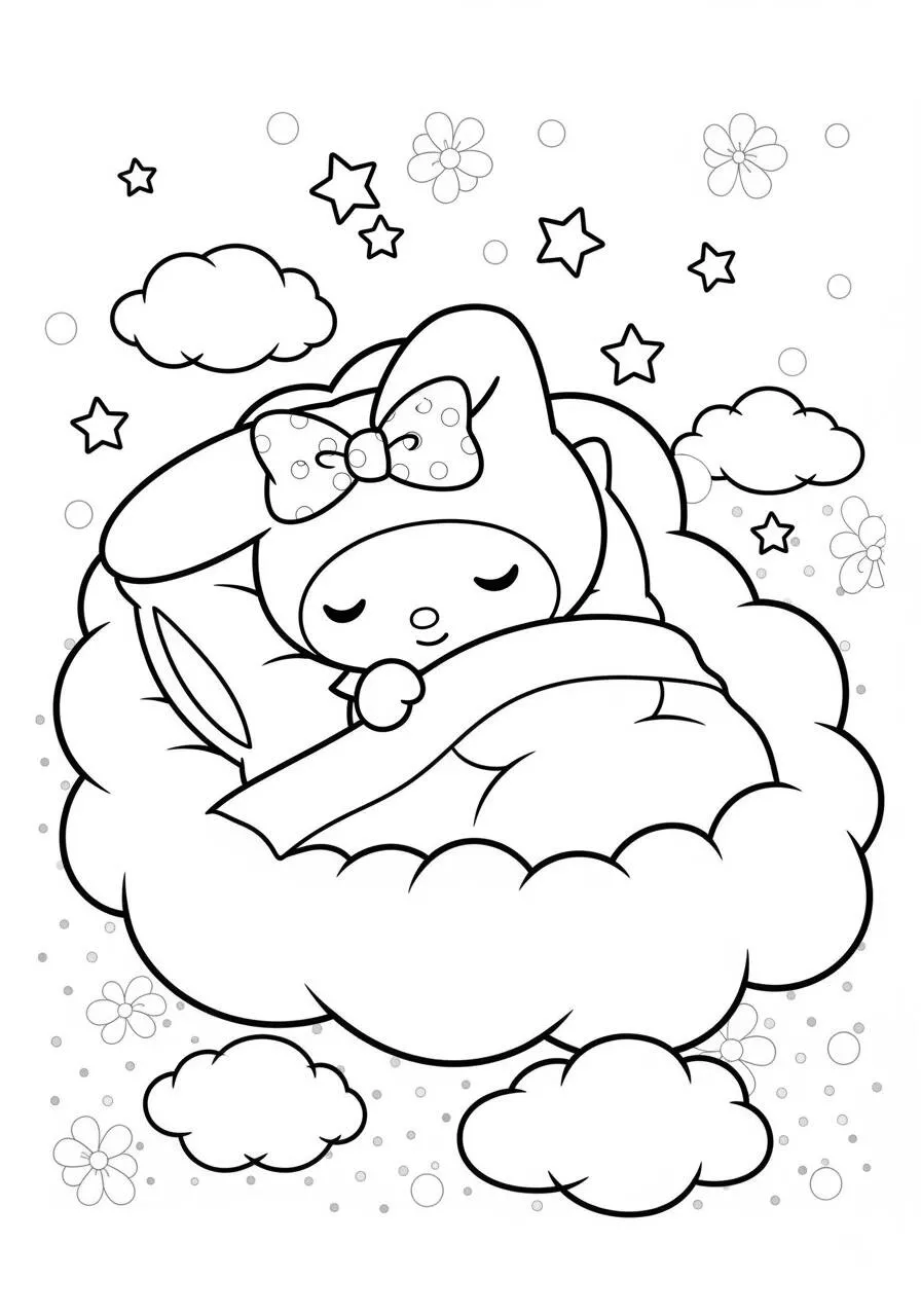 Desenho de My Melody Dormindo em uma Nuvem para Colorir