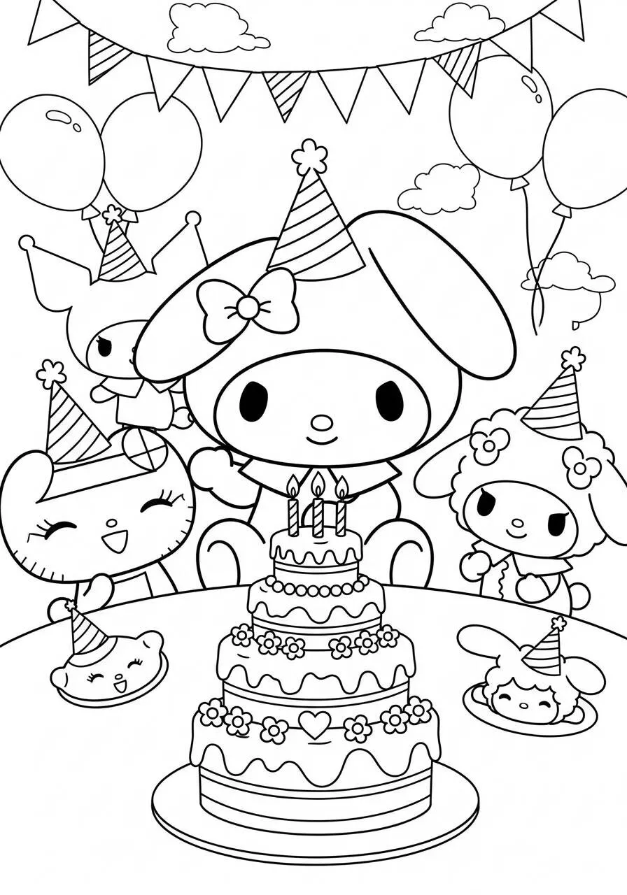 Desenho de My Melody em Festa de Aniversário para Colorir