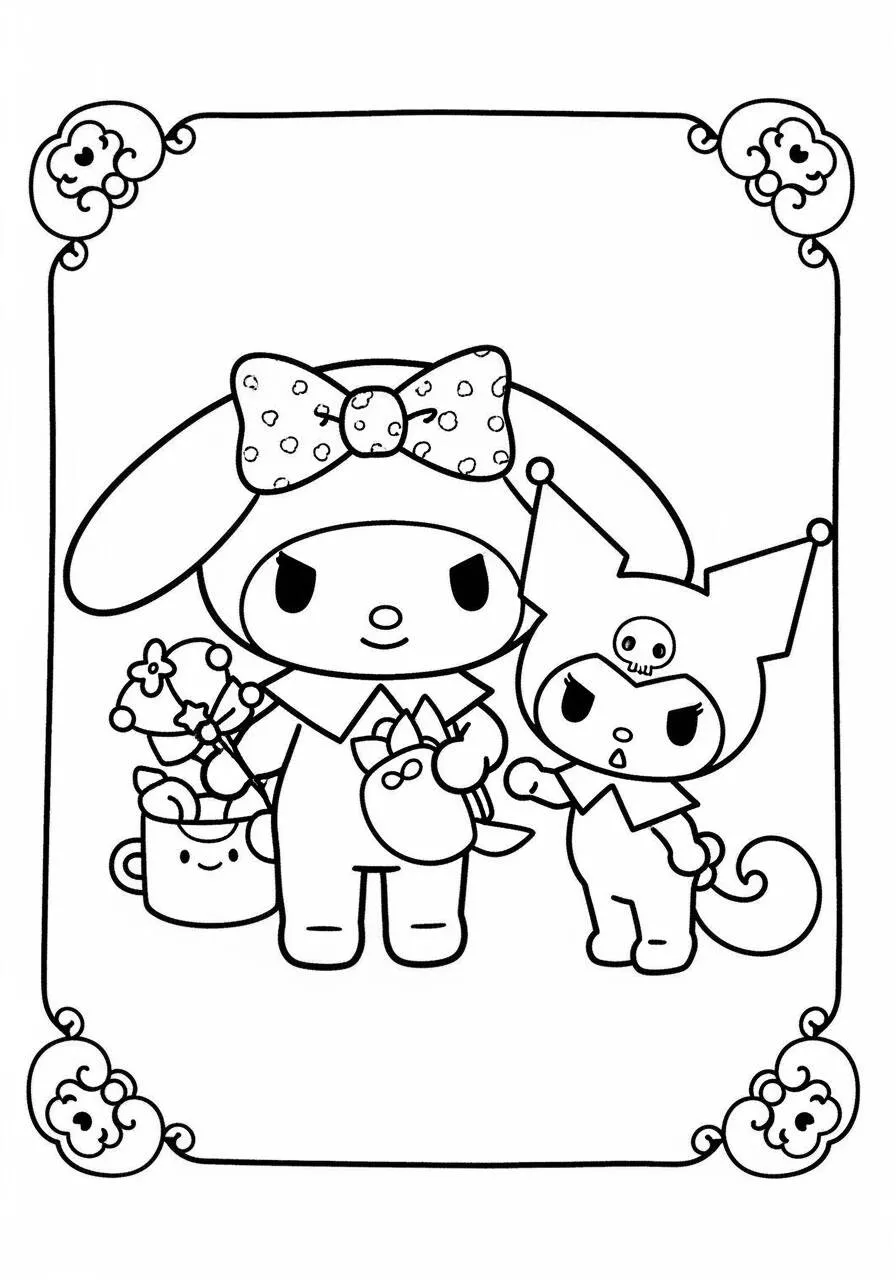 Desenho de My Melody e Kuromi com Flores para Colorir