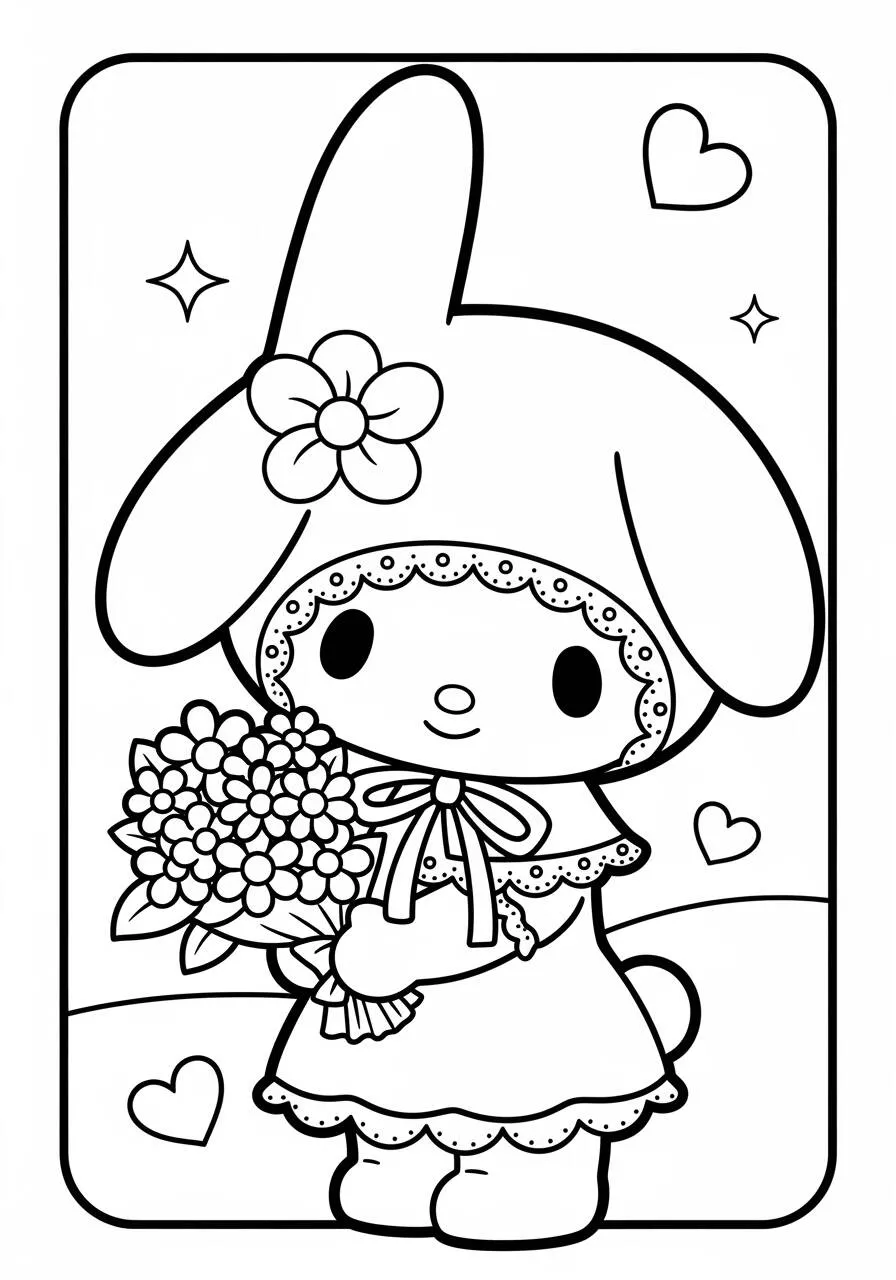 Desenho de My Melody com Buquê de Flores para Colorir