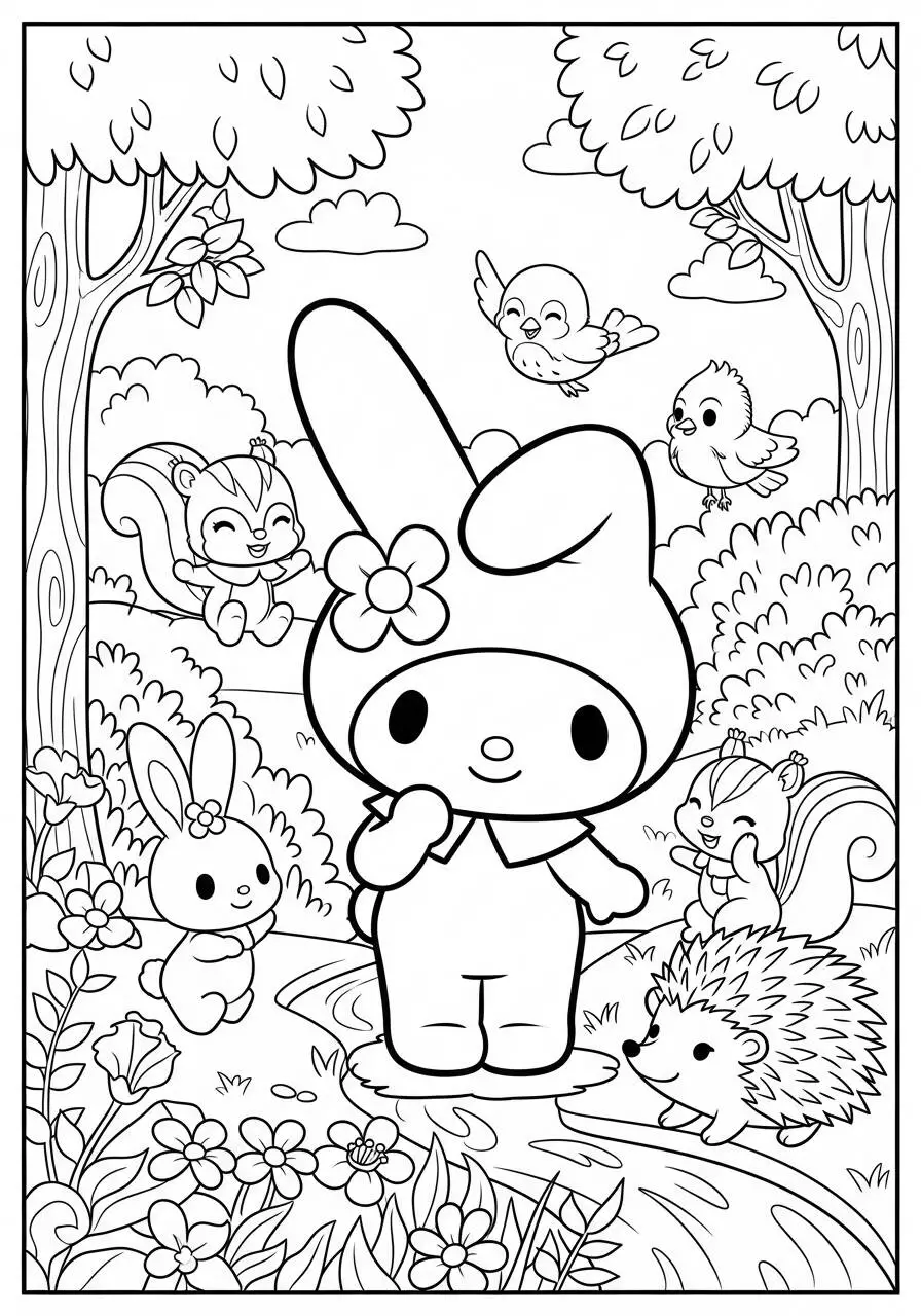 Desenho de My Melody em um Jardim Encantado para Colorir