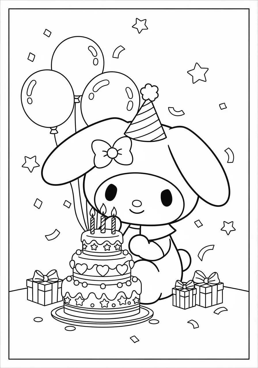 Desenho de My Melody Com Bolo de Aniversário para Colorir