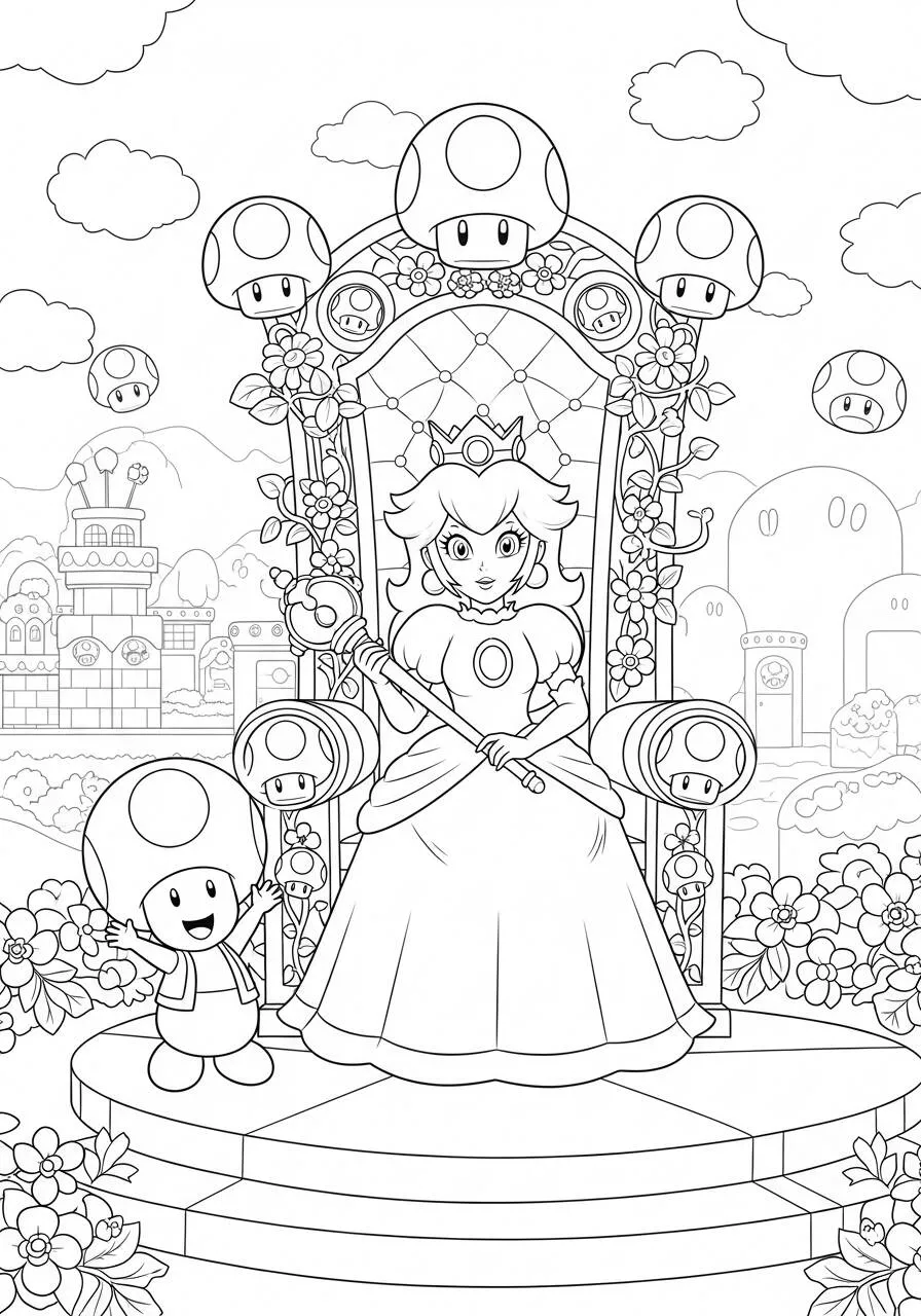 Desenho de Princesa Peach no Trono com Toad e Cogumelos para Colorir