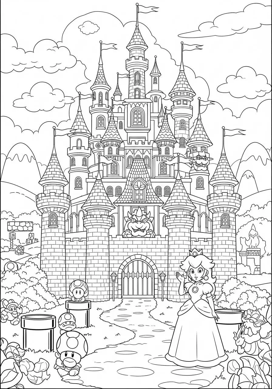 Desenho de Princesa Peach no Castelo para Colorir