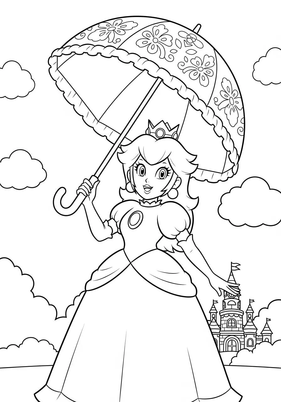 Desenho de Princesa Peach com Guarda chuva para Colorir