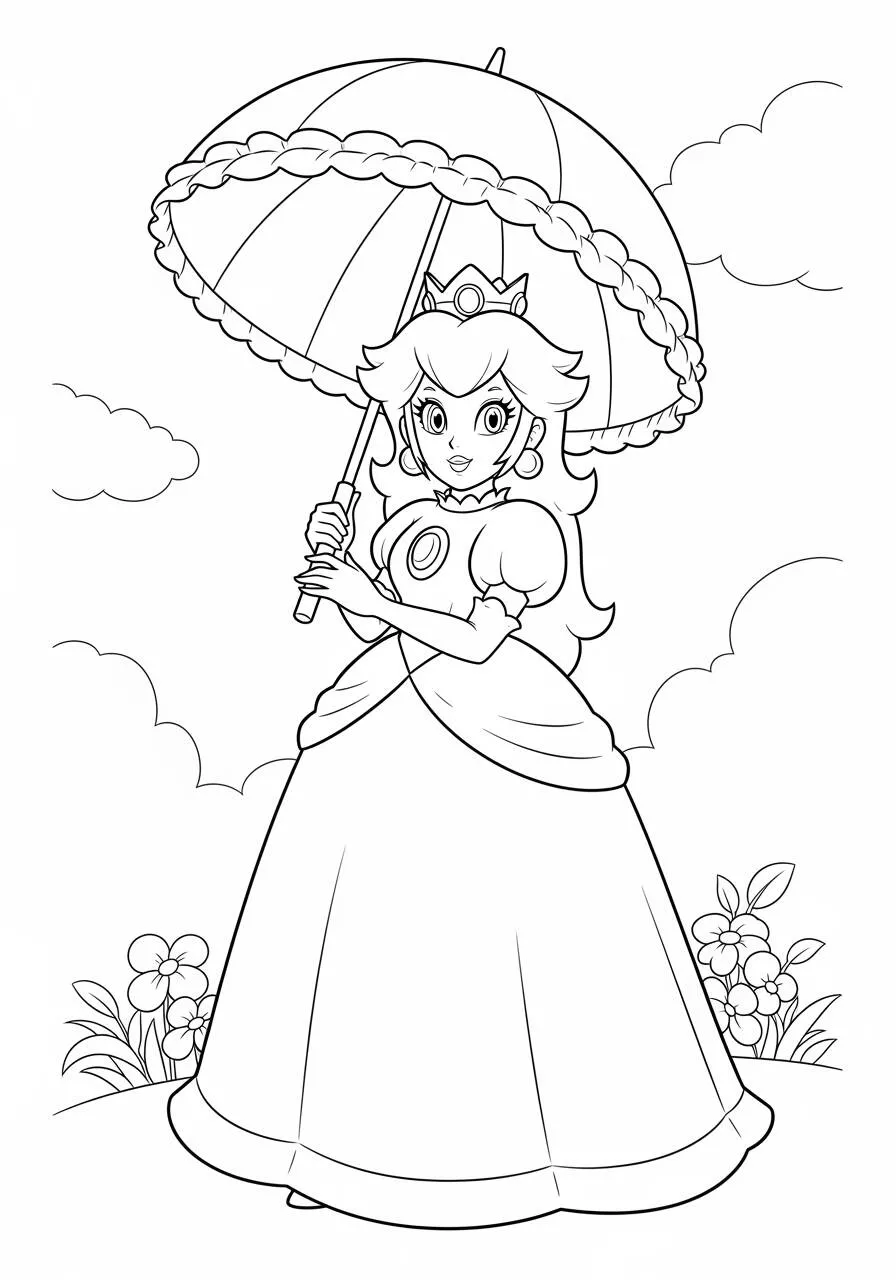 Desenho de Princesa Peach com Guarda chuva para Colorir