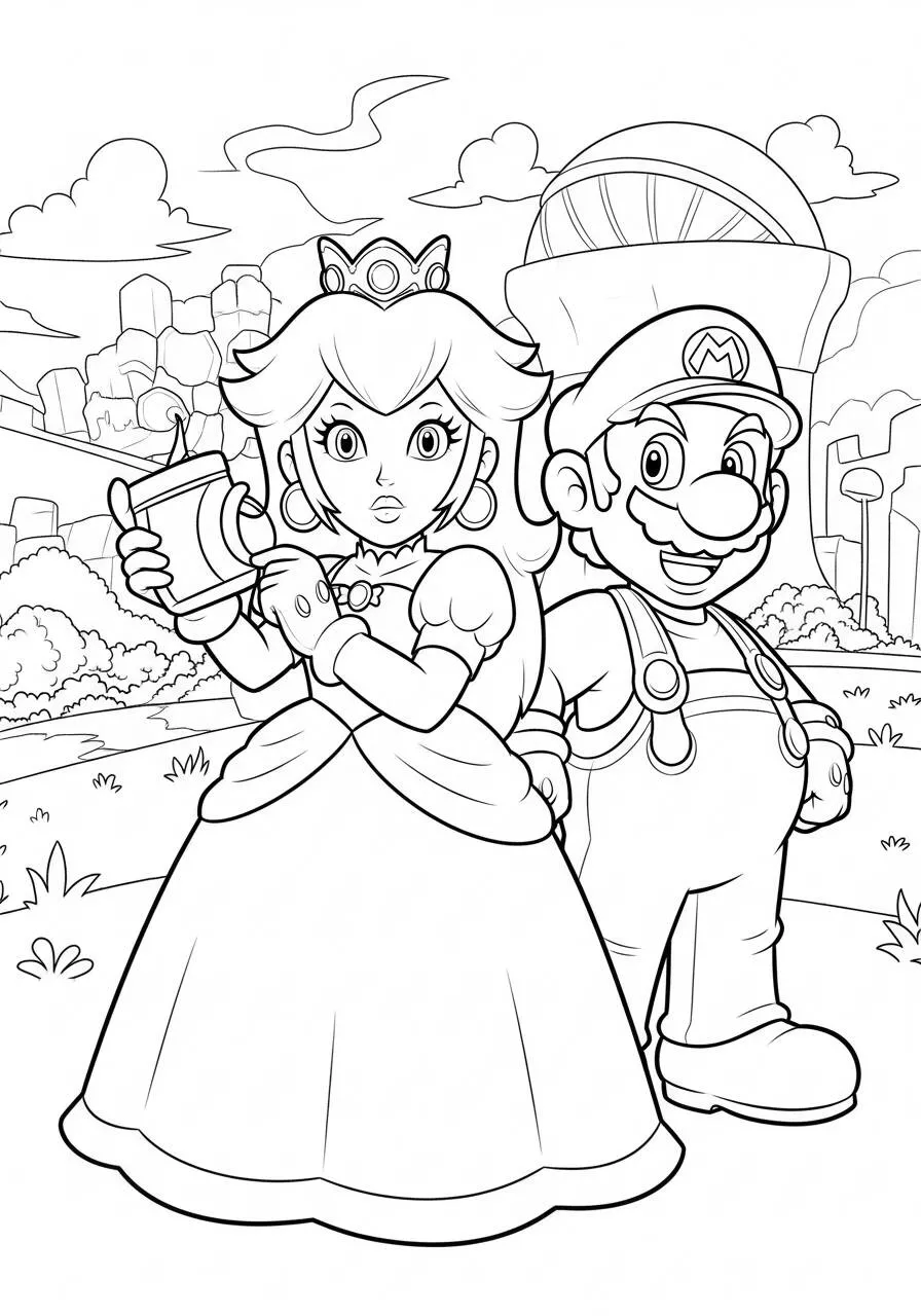 Desenho de Princesa Peach com Mario para Colorir