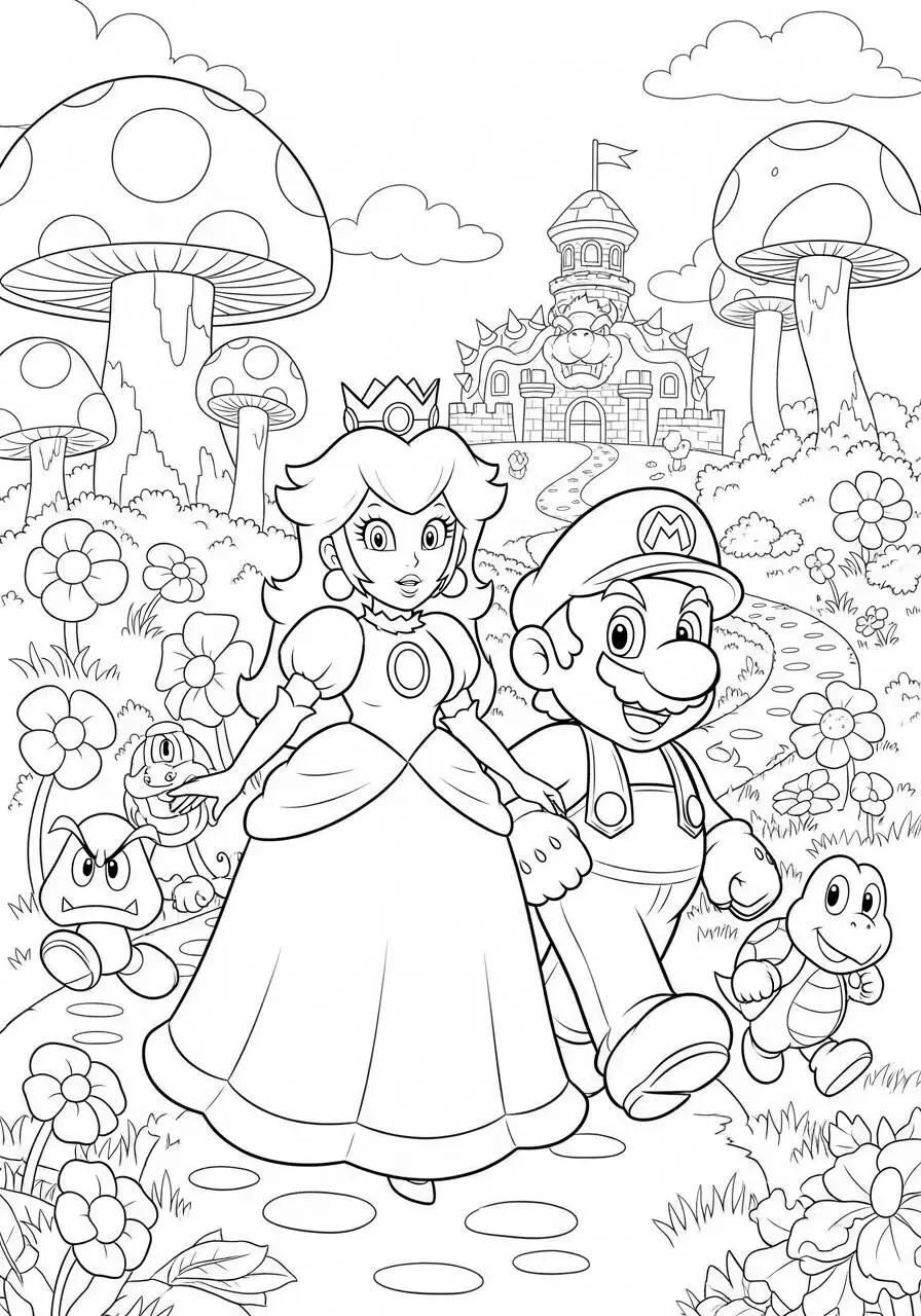 Desenho de Princesa Peach e Mario Caminhando no Reino dos Cogumelos para Colorir