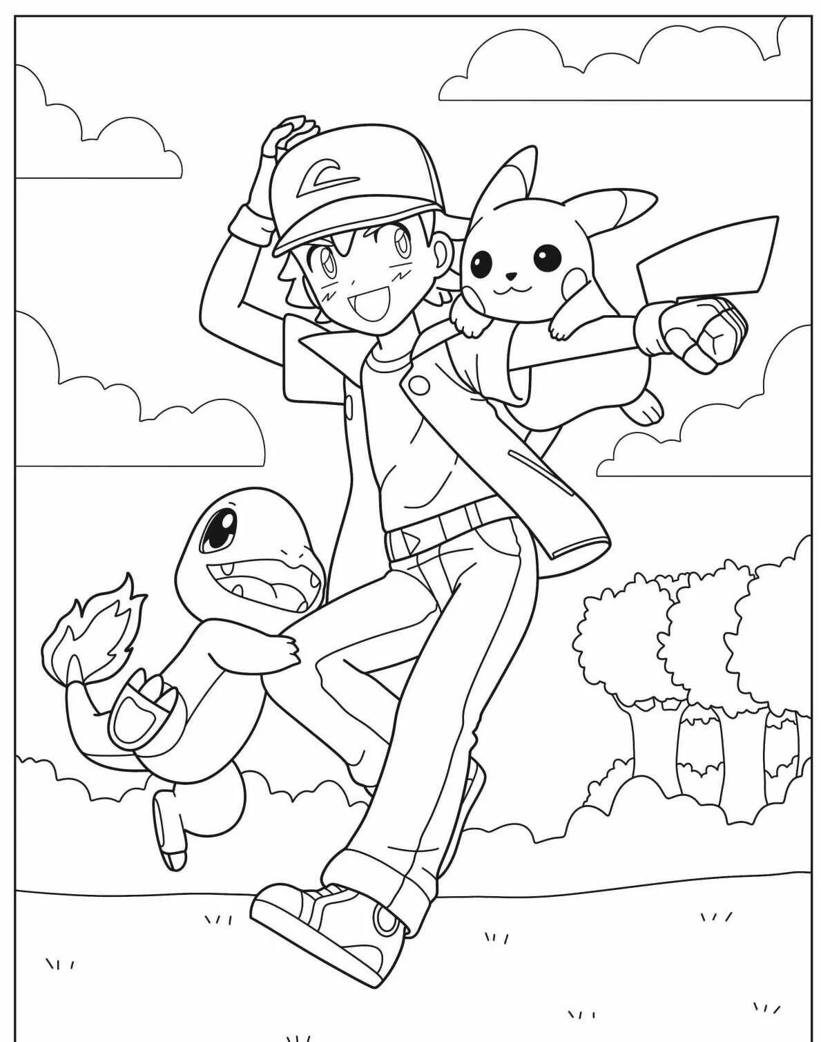 Desenho de Pokémon com Ash, Pikachu e Charmander para Colorir