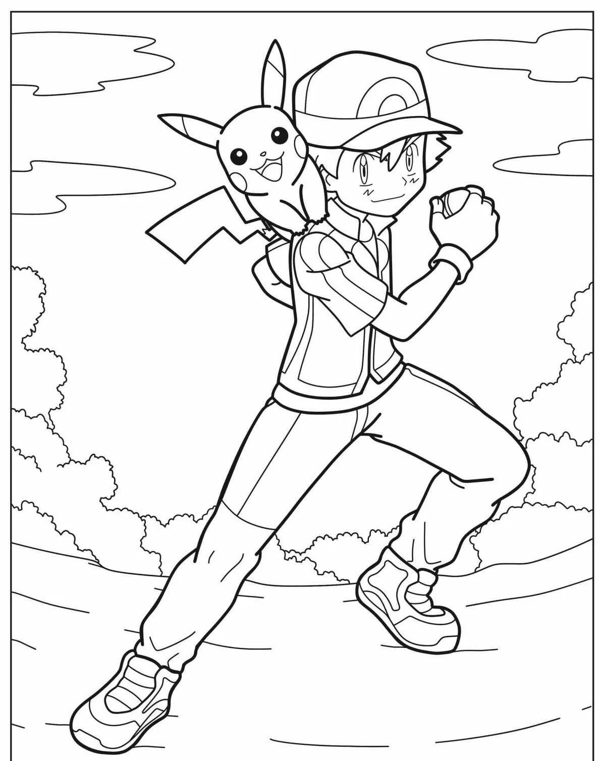 Desenho de Pokémon com o Pikachu e Ash para Colorir