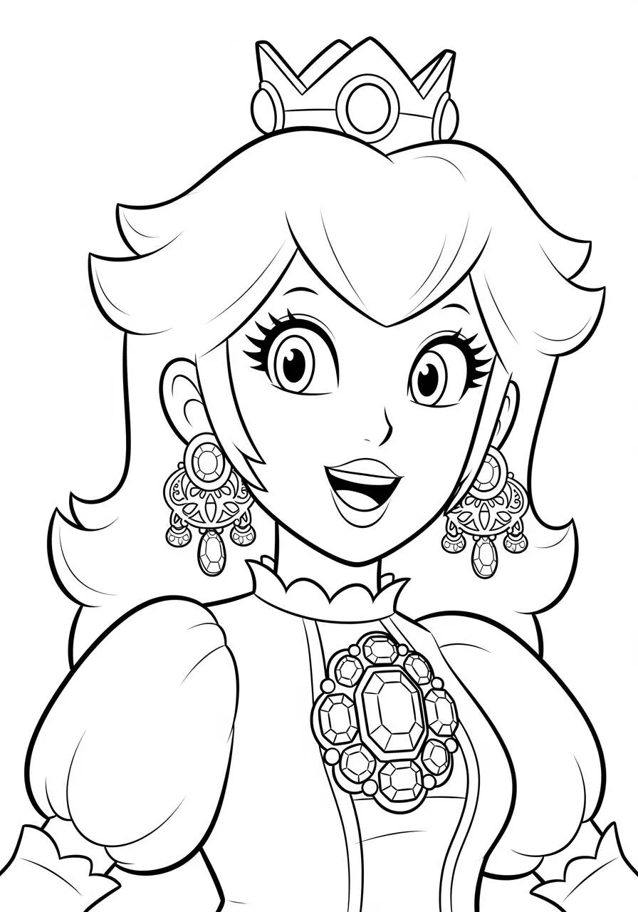 Desenho de Princesa Peach com Coroa e Brincos para Colorir