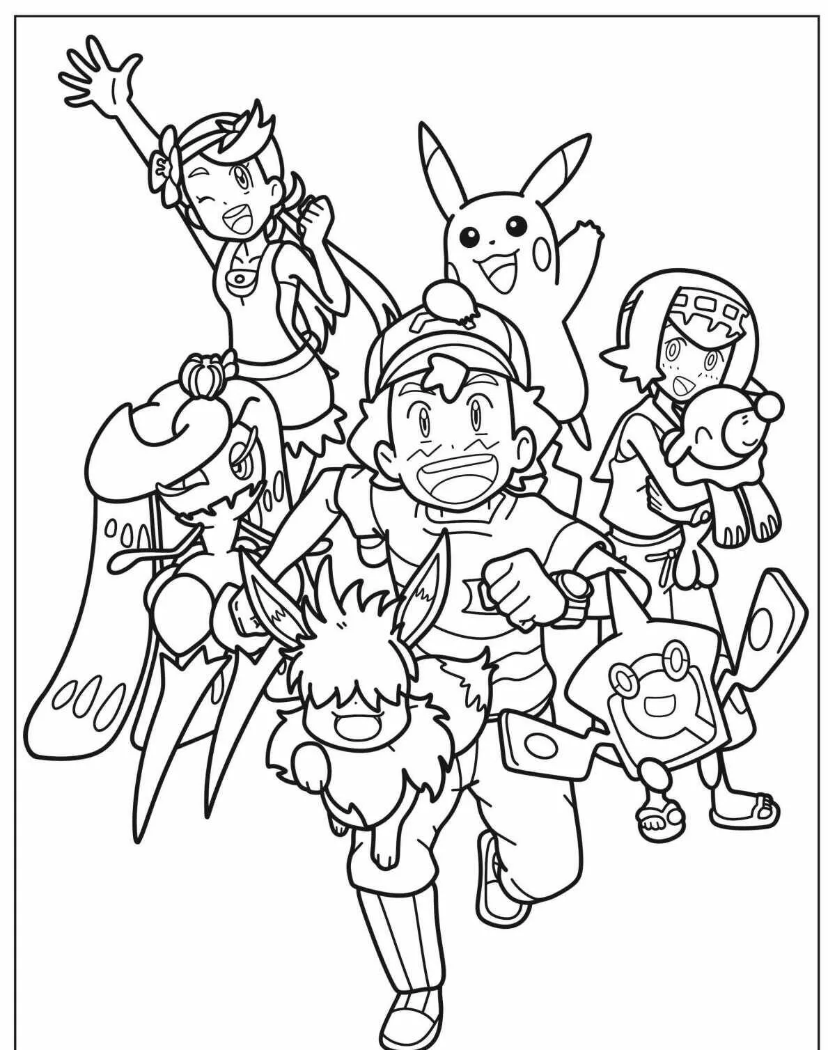 Desenho de Pokémon com Ash e seus amigos para Colorir