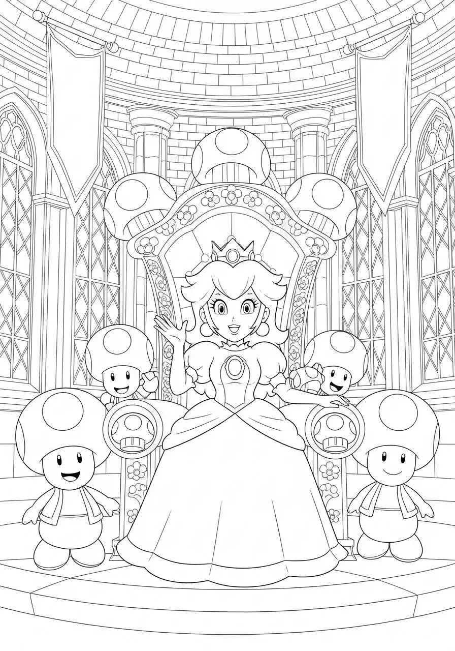 Desenho de Princesa Peach no Trono com Toads para Colorir