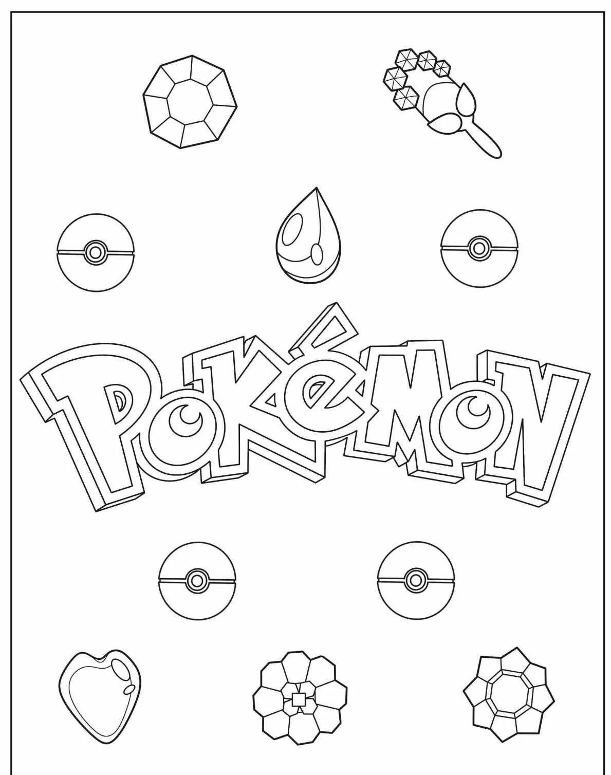 Desenho de Pokémon com o Logotipo e Pokébolas para Colorir