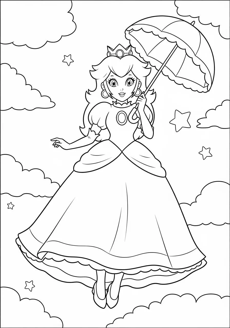 Desenho de Princesa Peach Flutuando com Guarda Chuva para Colorir