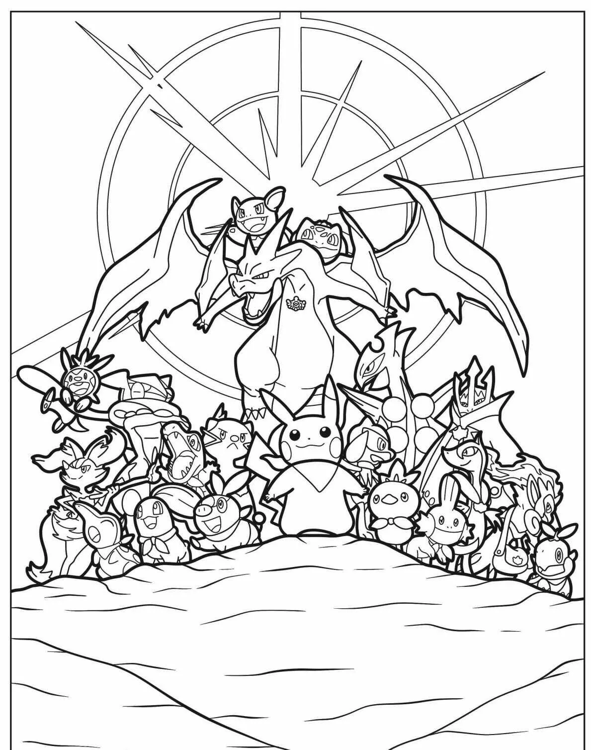 Desenho de Pokémon com o Charizard e Vários Pokémon para Colorir