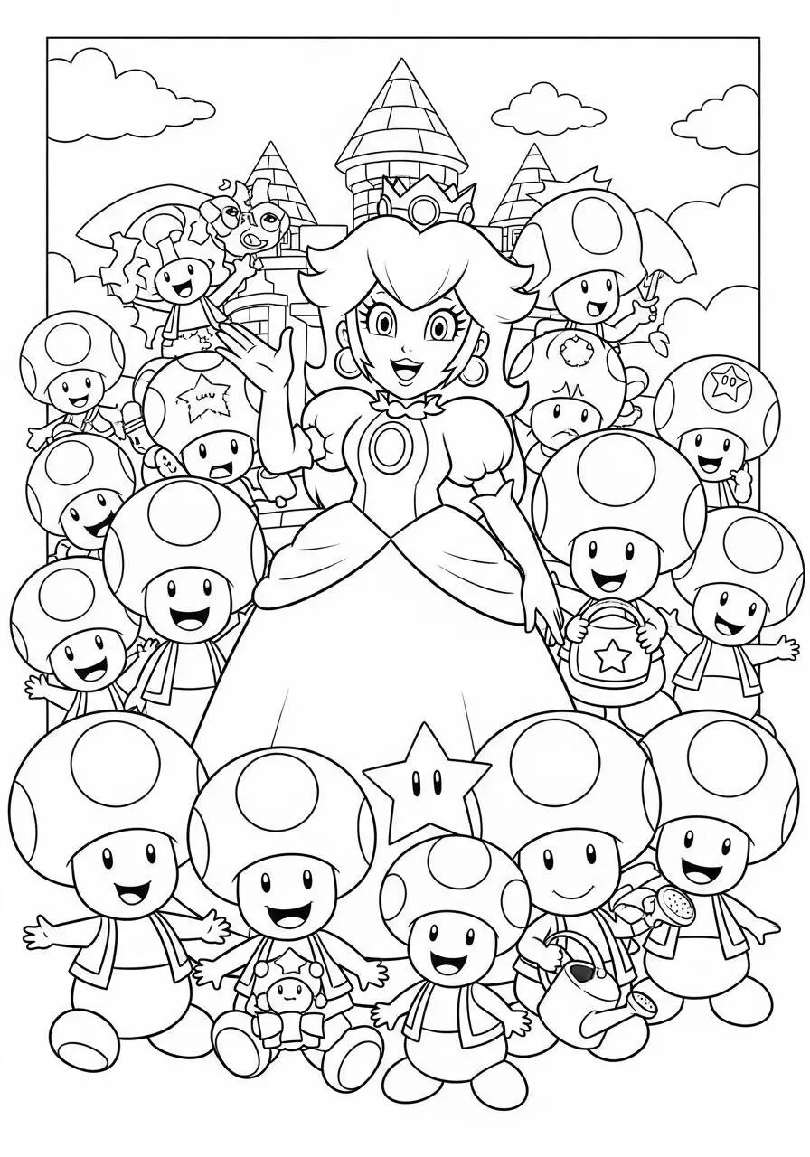 Desenho de Princesa Peach com Toads e Castelo para Colorir