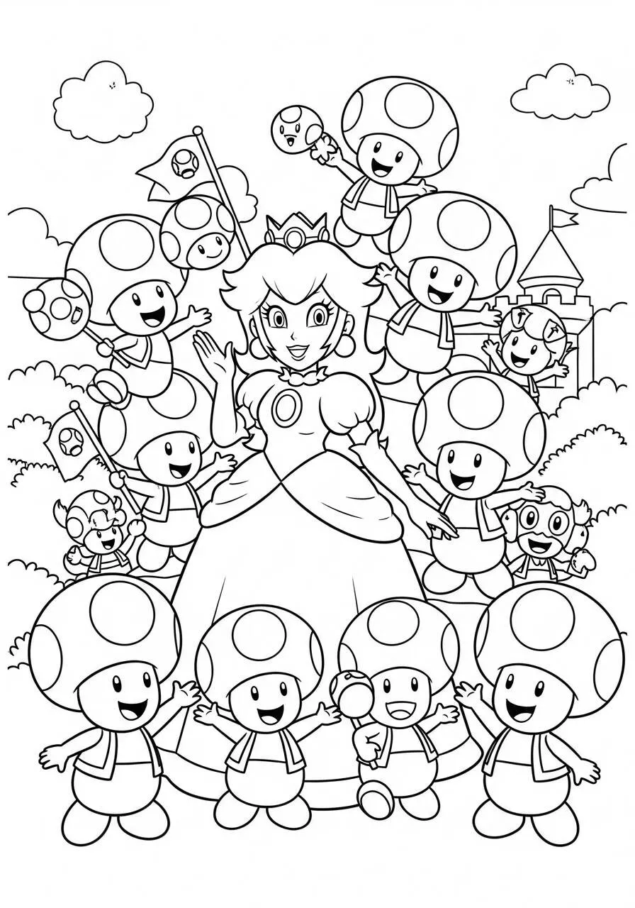 Desenho de Princesa Peach com Toads para Colorir